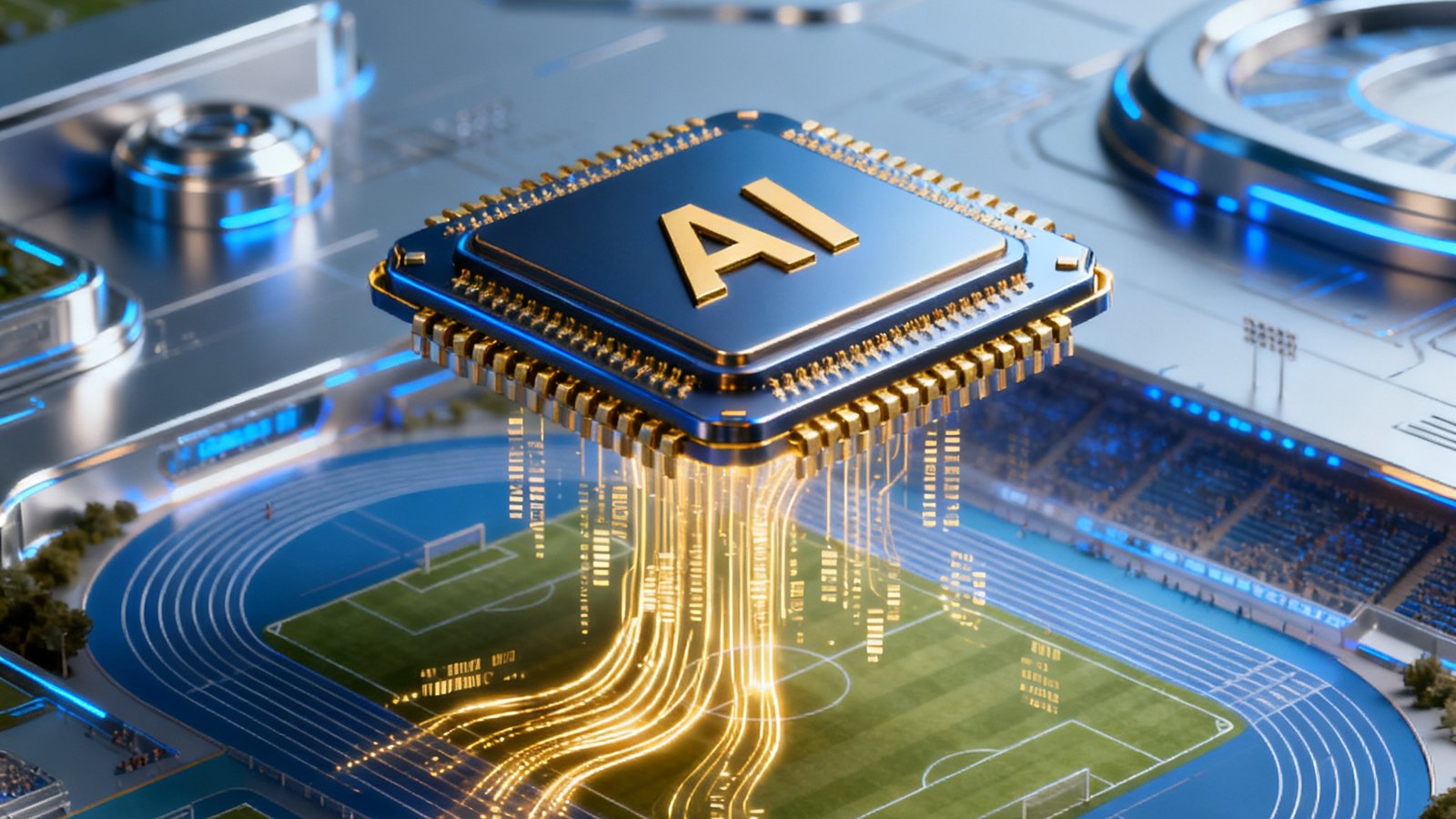 2025年全球体育科技趋势报告封面图，展示数据驱动体育未来的概念插画，包含AI芯片与运动场结合的视觉元素